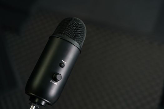 Close-up of professional condenser microphone on a black background.