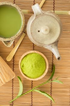 Set of matcha powder bowl wooden spoon and whisk green tea leaf Organic Green Matcha Tea ceremony.