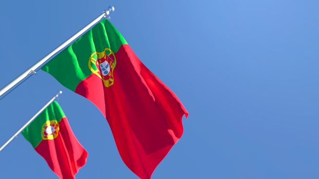 3D rendering of the national flag of Portugal waving in the wind against a blue sky