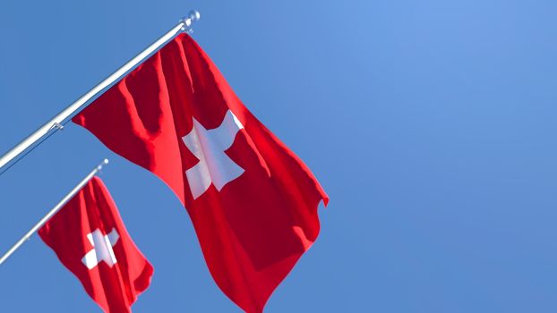 3D rendering of the national flag of Switzerland waving in the wind against a blue sky