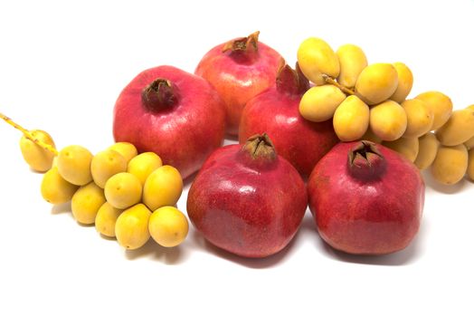 Rosh Hashanah, Jewish New Year, Traditional Symbols, Pomegranates, Dates. Isolated On A White Background