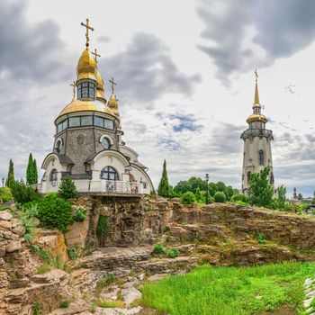 Buki, Ukraine 06.20.2020. Temple Complex with landscape Park in Buki, Ukraine, on a cloudy summer day