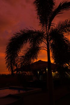 Beautiful orange fiery sunset in the tropics. Street canopy from hay, next to the pool and overlooking the rice field