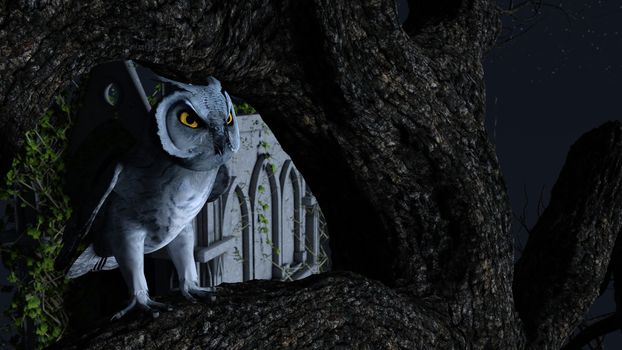 An owl sits motionless on a tree in the blue moonlight near a Mausoleum - 3d rendering