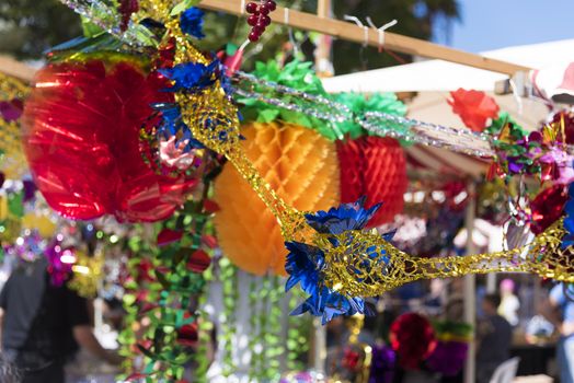 Colorful sukkah decorations. Sukkot four species festival. Shimmering decorations for party.