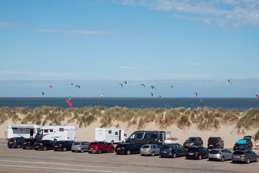 Ouddorp,Holland,07-aug-2020: people travel to the coast in summer time with camer and caravan, this place is always a tourist attraction at the brouwersdam