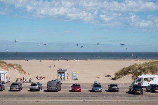 Ouddorp,Holland,07-aug-2020: people travel to the coast in summer time with camer and caravan, this place is always a tourist attraction at the brouwersdam