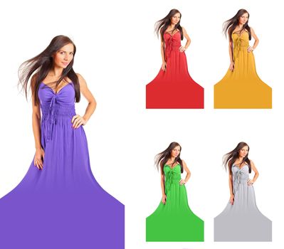 Young woman with wind in her long dark hair, in purple dress isolated on white background. Dress color can be changed to red, yellow, green, silver or any other easily with hue and saturation tool.