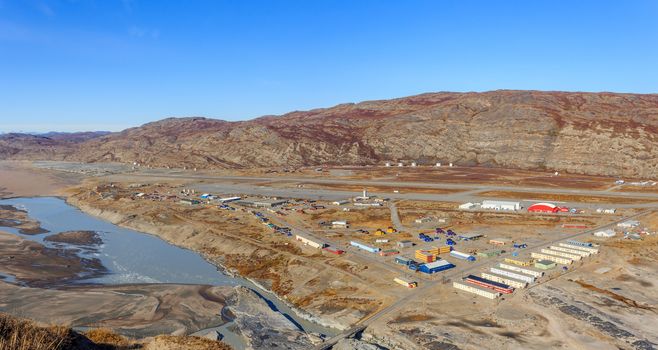 Kangerlussuaq greenlandic town aerial view on the living blocks and runway of the airport, Greenland