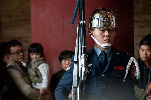 Soldier looks in Sun Yat Sen Memorial in Taiwan