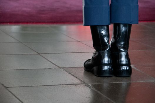 Military boot of a soldier standing still