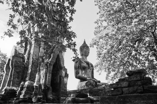 Black and white Buddha ancient statue in Ayudhaya Thailand