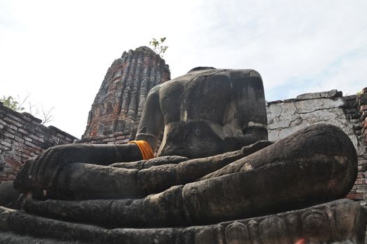 Look up on ancient Buddha statue in Ayudhaya Thailand