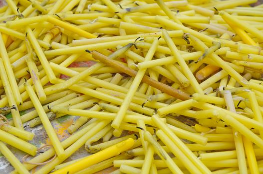 Close up of yellow candles for worshiping in temple