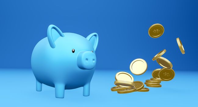 3D rendered illustration of a blue piggy bank and falling golden coins.