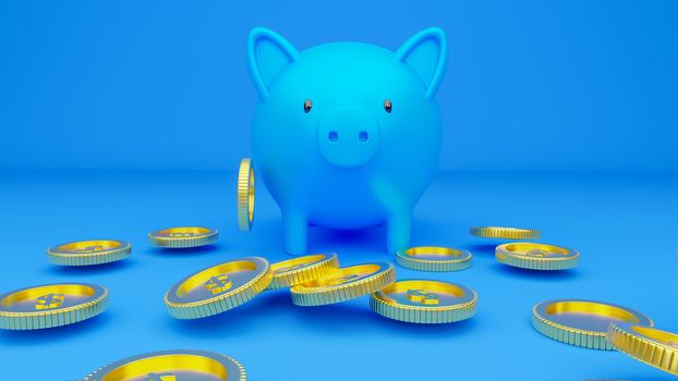 3d rendered illustration of a blue piggy bank and falling golden coins.