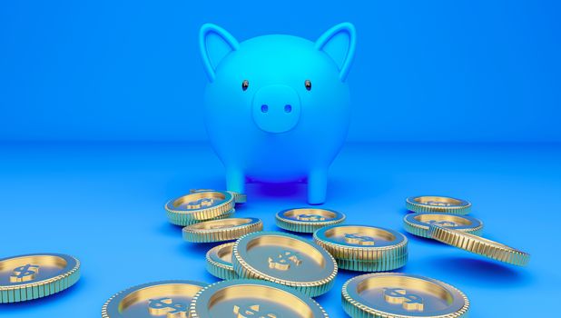 3D rendered illustration of a blue piggy bank with falling gold coins.