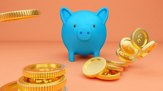 3D rendered illustration of a blue piggy bank and falling gold coins.