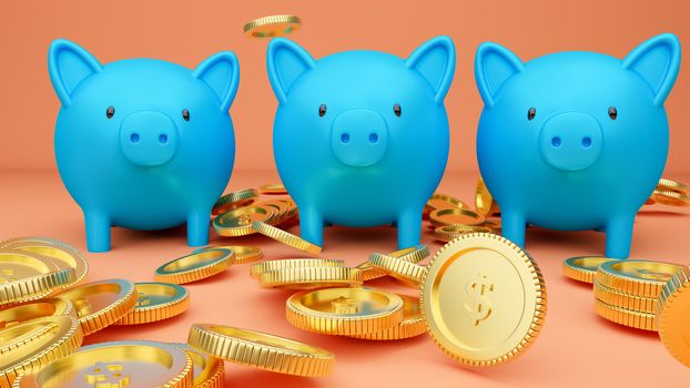 3D rendered illustration of three blue piggy banks and falling golden coins.