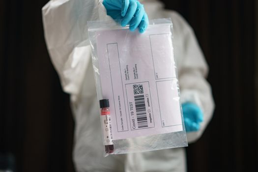 Coronavirus testing, a hand holds transparent bag with tube of blood test samples of coronavirus (COVID-19).