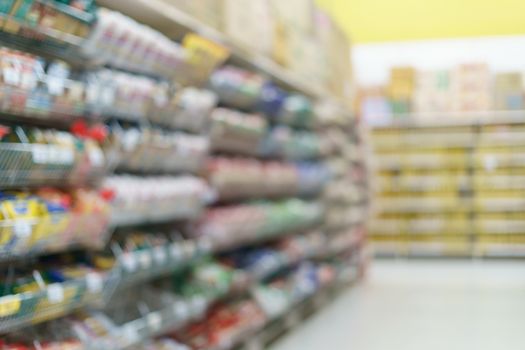 Supermarket blurred background
snack on shelves at grocery.
