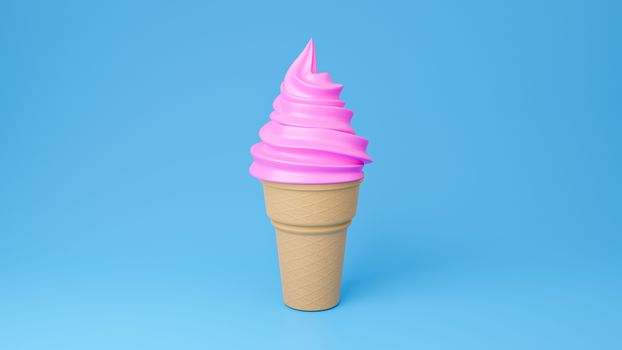 Soft serve ice cream of strawberry flavours on crispy cone on blue background.,3d model and illustration.