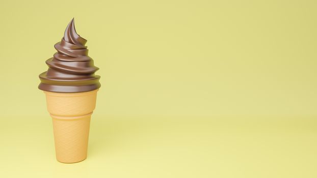 Soft serve ice cream of chocolate flavours on crispy cone on yellow background.,3d model and illustration.