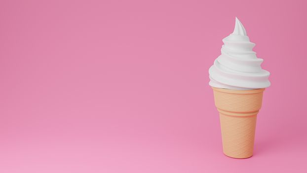 Soft serve ice cream of vanilla or milk flavours on crispy cone on pink background.,3d model and illustration.