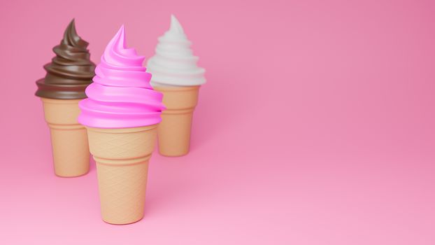 Soft serve ice cream of chocolate, vanilla and strawberry flavours on crispy cone on pink background.,3d model and illustration.