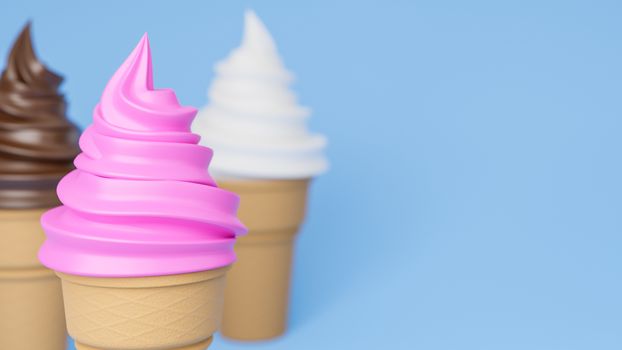 Close up Soft serve ice cream of strawberry, vanilla and chocolate flavours on crispy cone on blue background.,3d model and illustration.