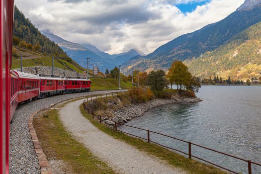 Beautiful view of  red  Rhaetian train running on the lake side of Lago di Poschiavo in autumn with blue sky cloud, on sightseeing railway line Bernina Express, Canon of Grisons, Switzerland