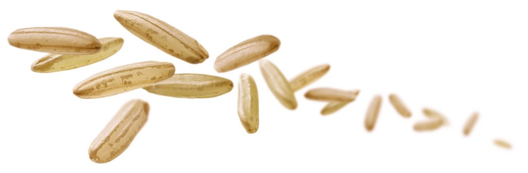 Raw rice levitates on a white background.