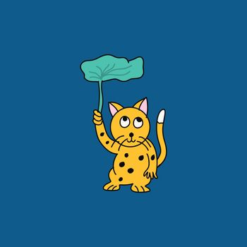 Hand draw cute yellow cat and black dot hold large green leave over head on blue backfround.