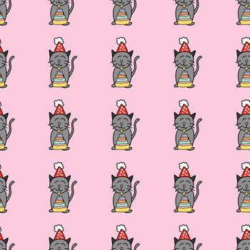 Seamless pattern of hand draw cute gray cat hold layer colorful cake in hand on pink background.