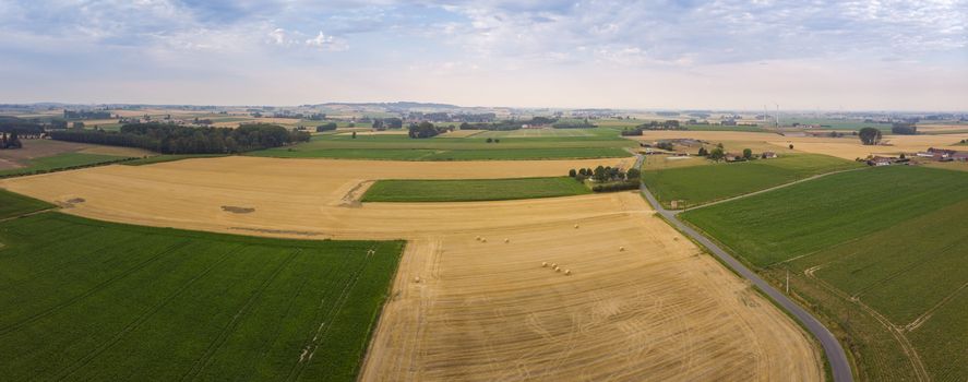 Aerial panorama view on Celles and Kluisbergen area in Belgium. Landscape, nature and agriculture on the border between flanders and wallonia