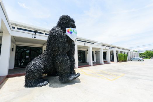 NakhonPathom , Thailand -  6  August, 2020 : Big Monkey gorilla model recycle made from old Car tire in  Caltex petrol station in NakhonPathom KM.14