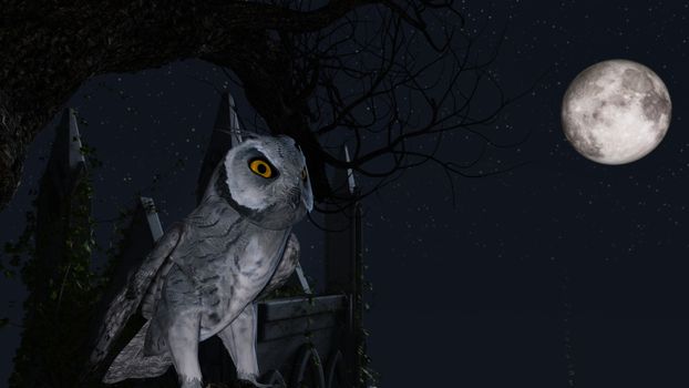 An owl sits motionless on a tree in the blue moonlight near a Mausoleum - 3d rendering