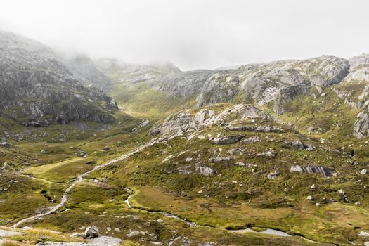 Hiking trail to Kjeragbolten in Lysebotn, Rogaland, Norway. Unique landscape.