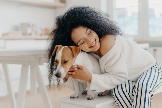 Lovely young curly African American woman embraces beloved pedigree dog with love, has gentle smile, wears stylish clothing, poses against home background in modern apartment, expresses care