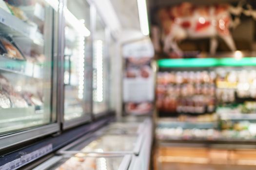 Blurred of supermarket with product shelves background image.