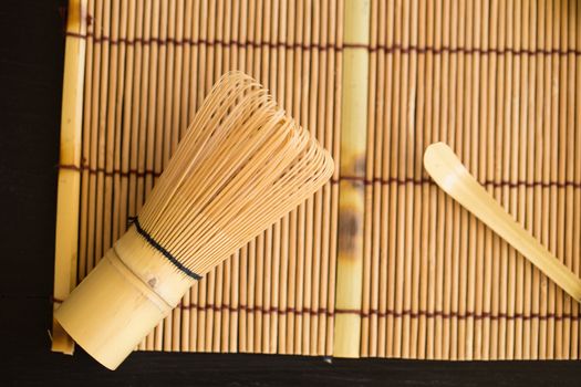 Set of matcha powder bowl wooden spoon and whisk green tea leaf Organic Green Matcha Tea ceremony.