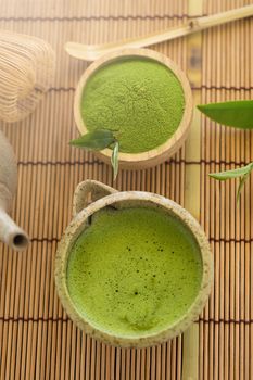 Set of matcha powder bowl wooden spoon and whisk green tea leaf Organic Green Matcha Tea ceremony.