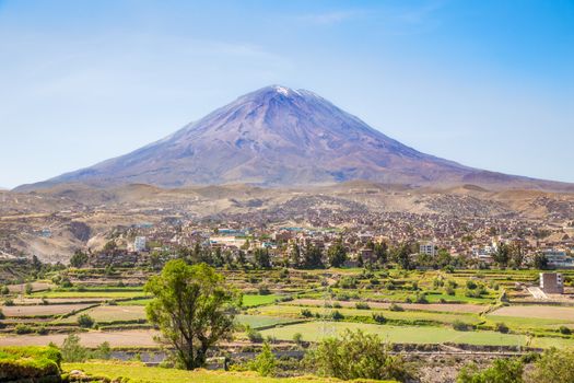 Dormant Misti Volcano over the streets and houses of peruvian city of Arequipa, Peru