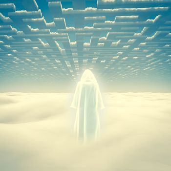 Figure in shining cloak stands on a field of clouds. 3D rendering