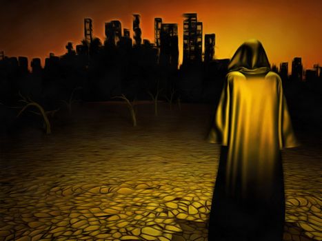 Surrealism. Figure in cloak stands before desolate city. 3D rendering