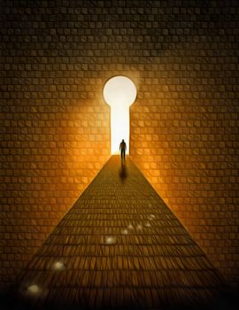 Surreal digital art. Man walks on a stones road to Heaven. Doorway in a shape of keyhole. Light bulbs symbolizes ideas. 3D rendering