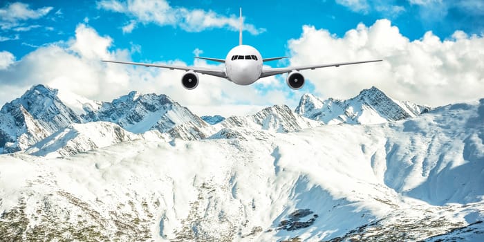 Airplane frying over the Snow Mountain background