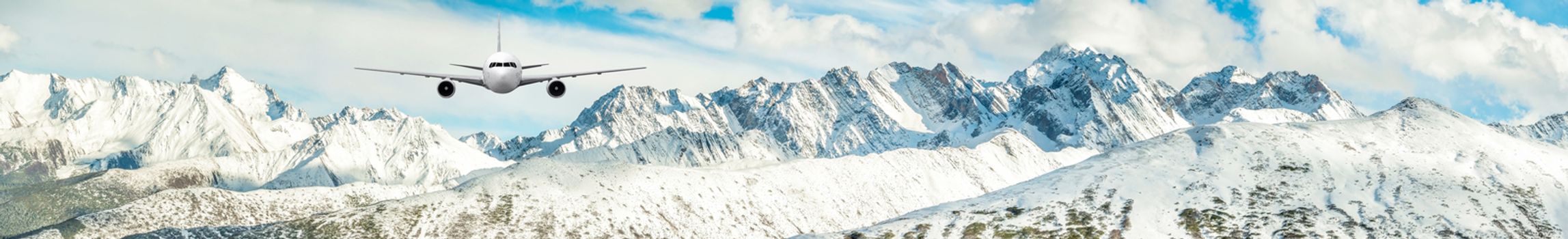 Airplane frying over the Snow Mountain background