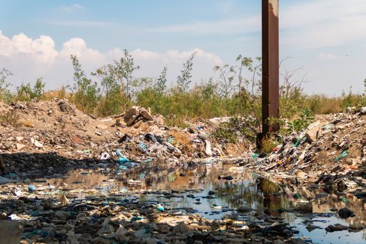 River polluted by plastic waste. Pollution concept. Recycling. Global warming