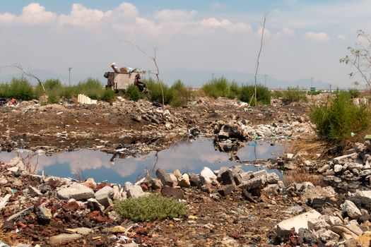 River polluted by plastic waste. Pollution concept. Recycling. Global warming